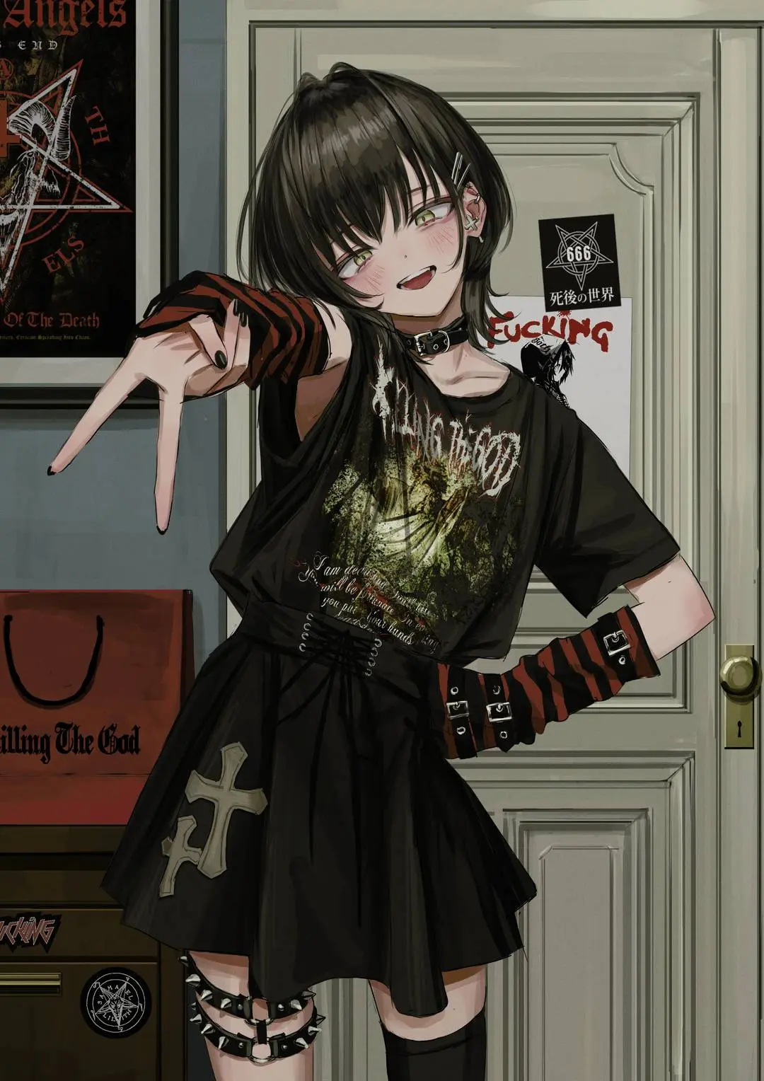 Anime art of a cute goth girl by Nadegata wearing a black graphic t-shirt, short skirt, and striped arm warmers.