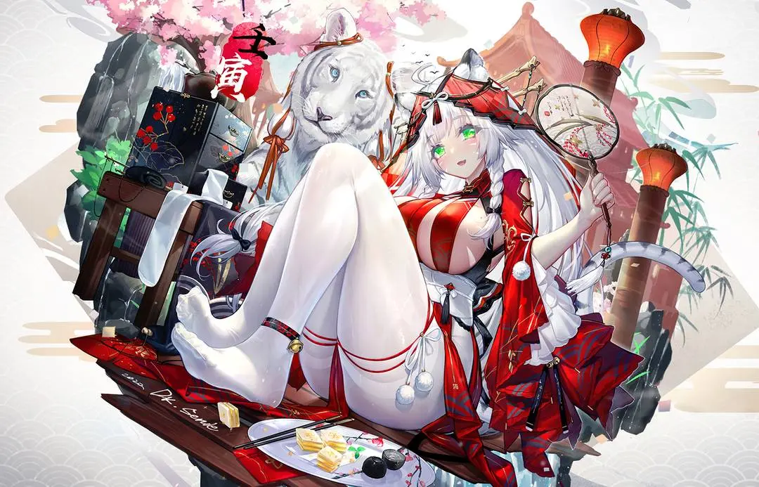 Kemonomimi anime art of a pale white-haired girl in a red and white dress sitting with a white tiger