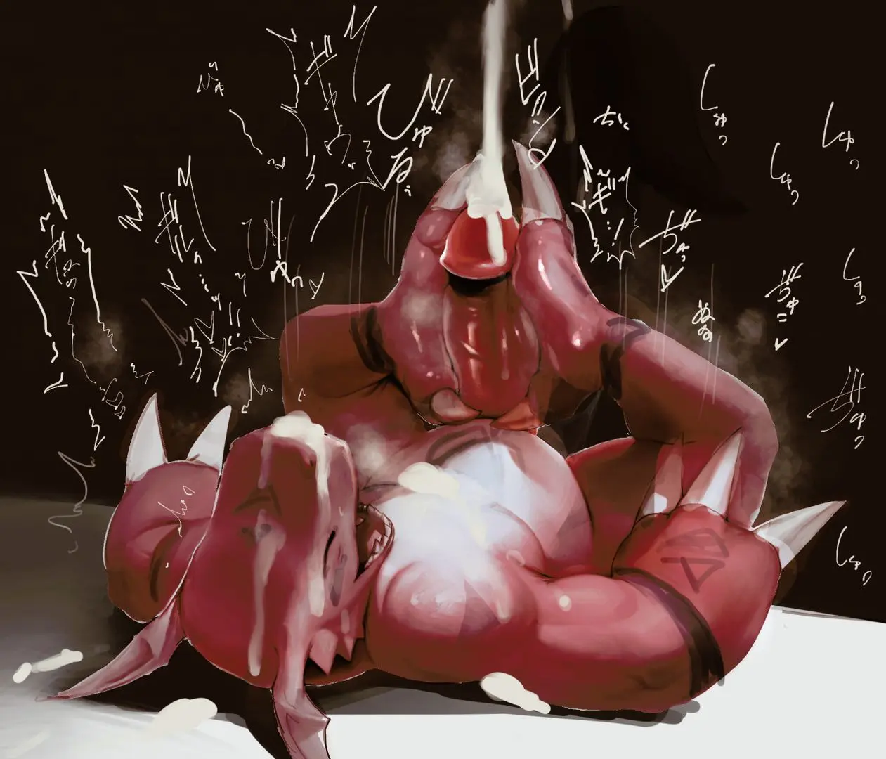Guilmon muscular red-skinned monster girl lying down with white fluid on her body and face