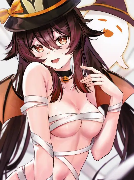 Hu Tao from Genshin Impact in a busty mummy cosplay with a witch hat and pumpkin choker
