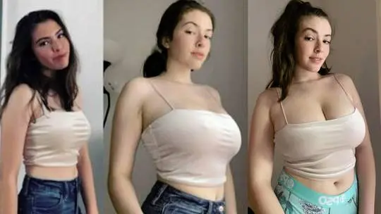 Busty brunette woman in a white crop top and skinny jeans showing progressive growth in three selfies.