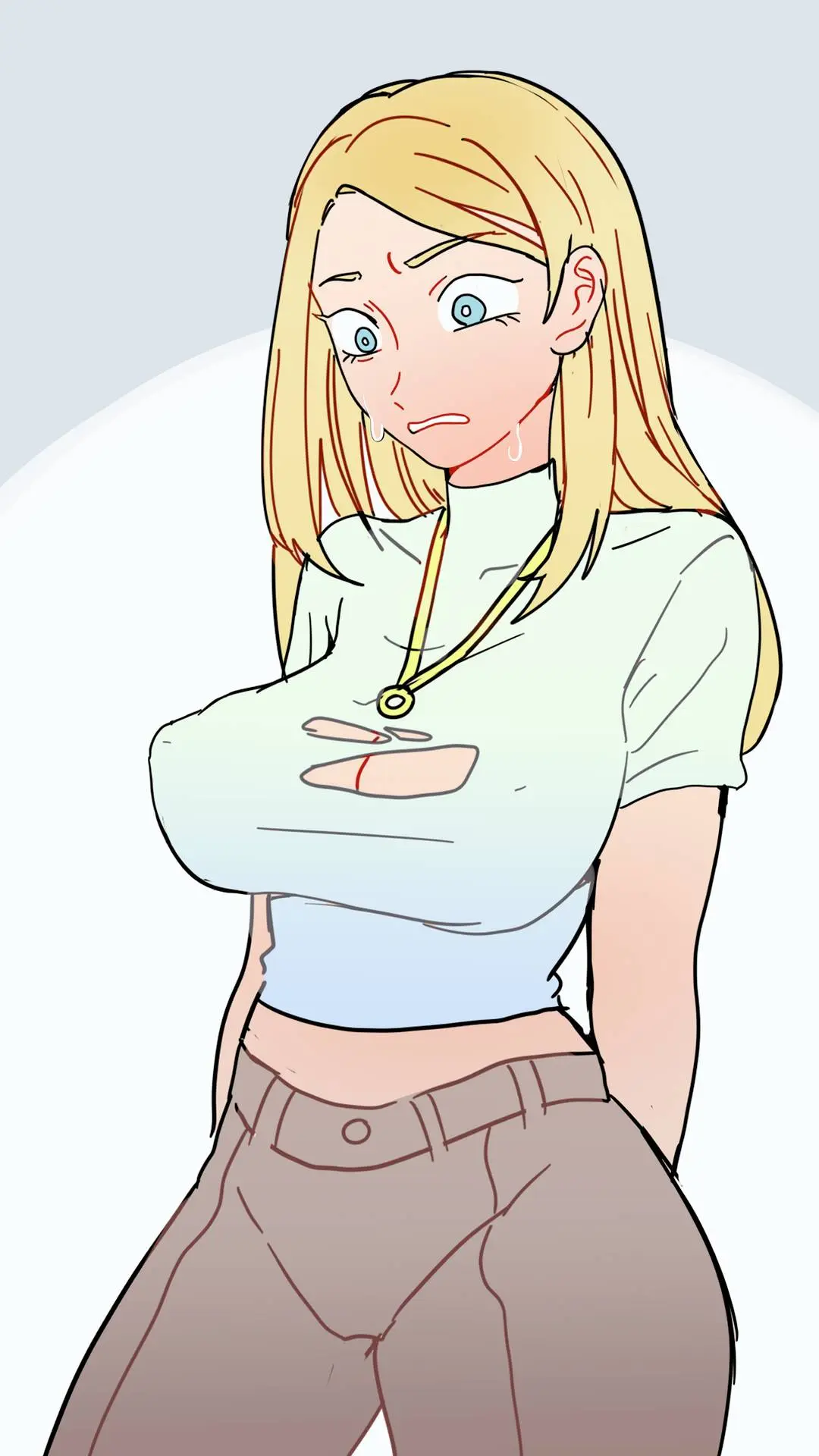 Kate, a curvy blonde woman in a light blue and white shirt and brown pants, with a worried expression.
