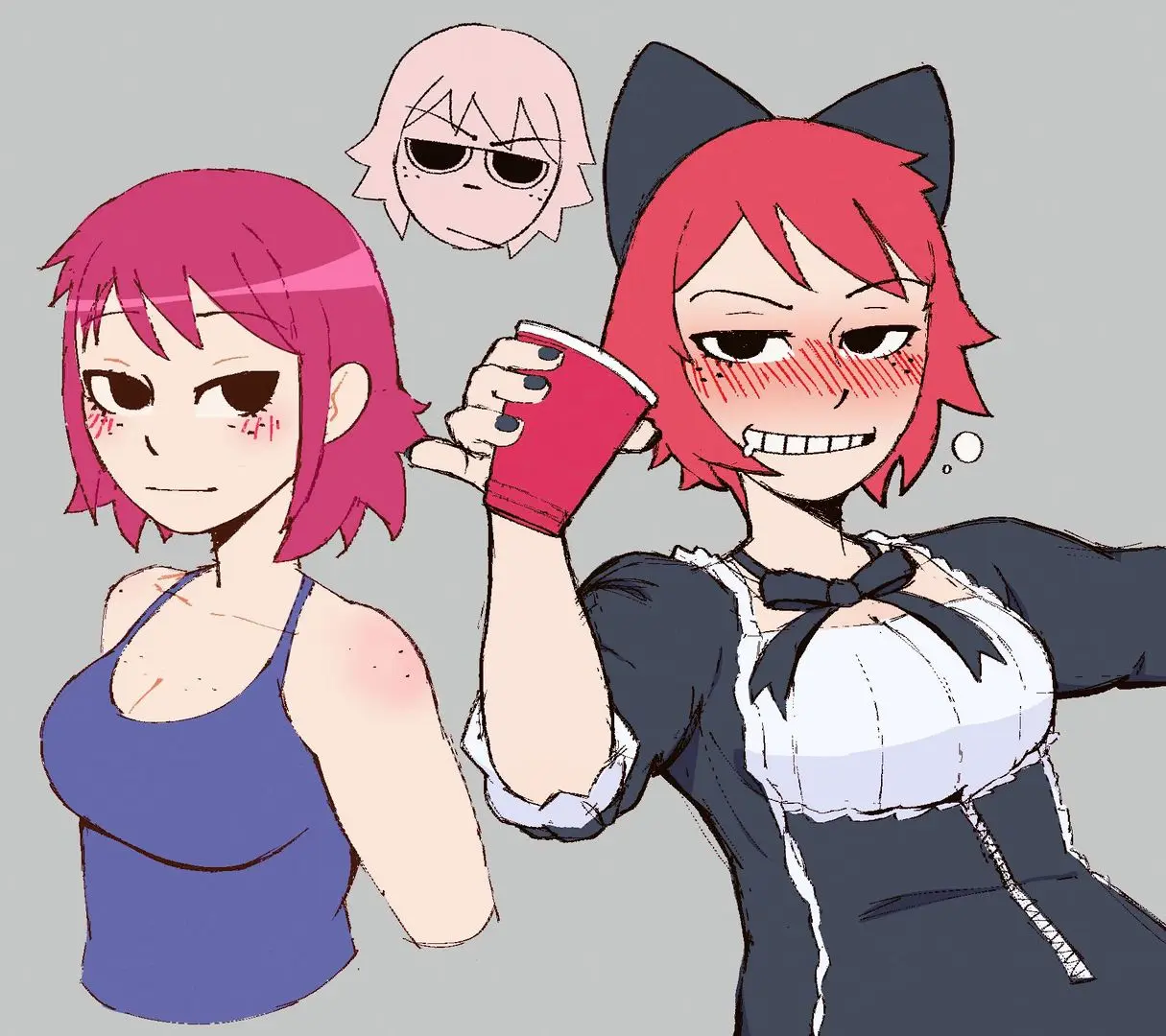 Kim Pine sketches from Scott Pilgrim featuring three anime characters with pink hair and a red cup