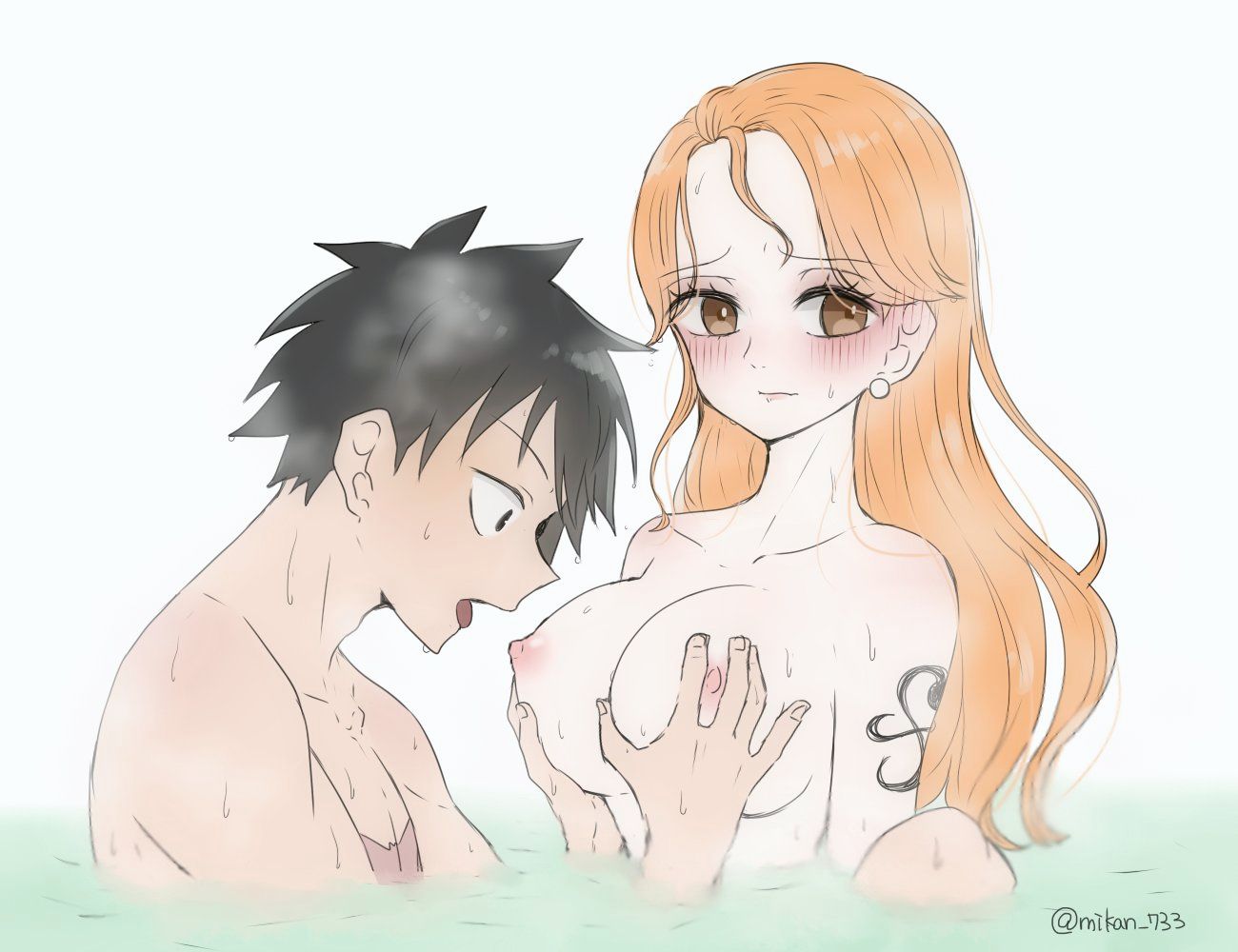 Luffy fascinated by Nami's boobs.