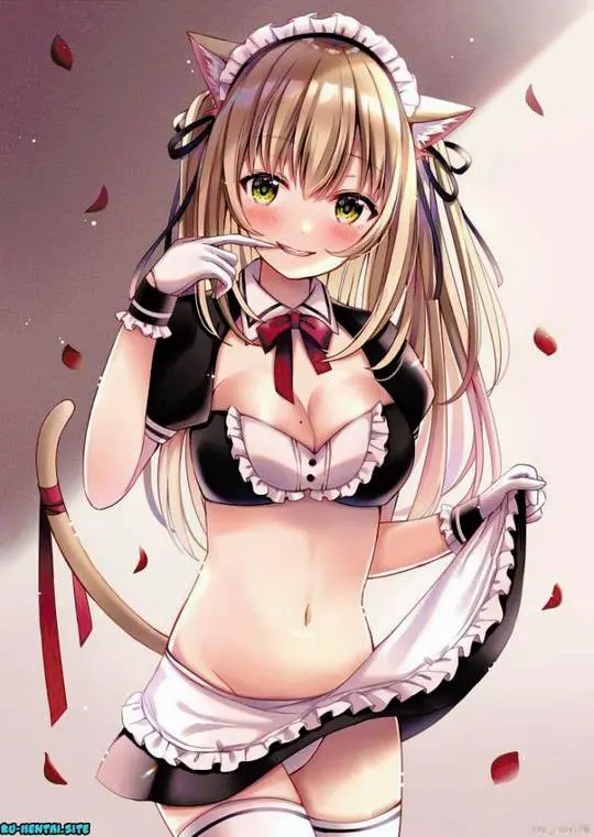 Busty blonde catgirl in a revealing maid outfit lifting her skirt, anime art.