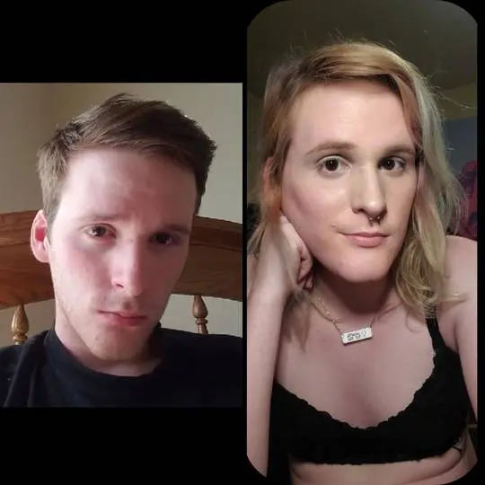 MTF transition before and after of @CMDR_JD, from a slim white man to a slim blonde trans woman in a black lace bralette