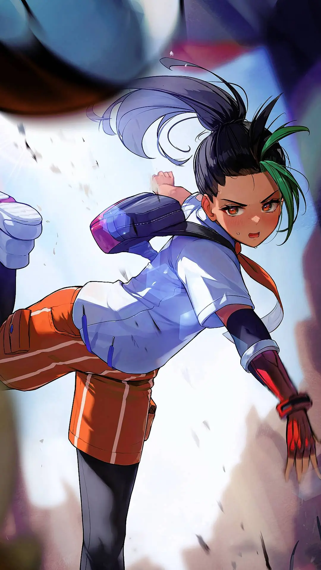 Nemona from Pokémon in a school uniform performing a dynamic kick with a black and green high ponytail