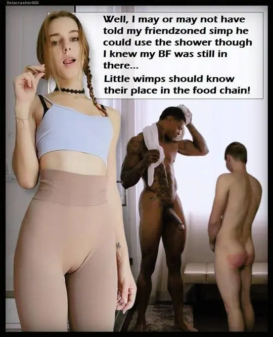 CFNM captions scene with a blonde woman in a crop top, a muscular black man, and a slim white man in a bathroom.