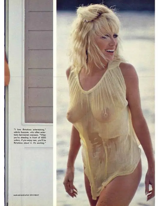 Suzanne Somers in a sheer yellow beach cover-up posing on a beach for Playboy