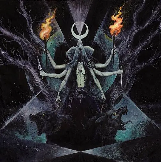 Dark Goddess album art by Daniel Desecrator featuring a multi-armed hooded woman with wolves and torches