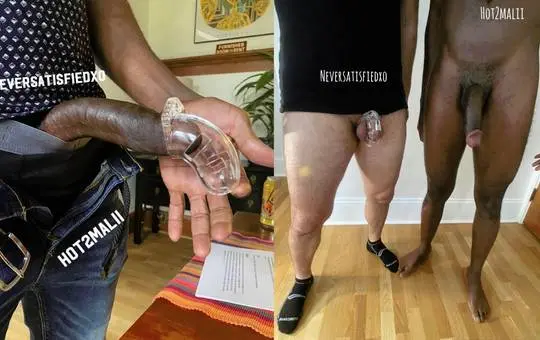 Two athletic black men posing with their penises, one wearing a cock ring and holding a clear sex toy.