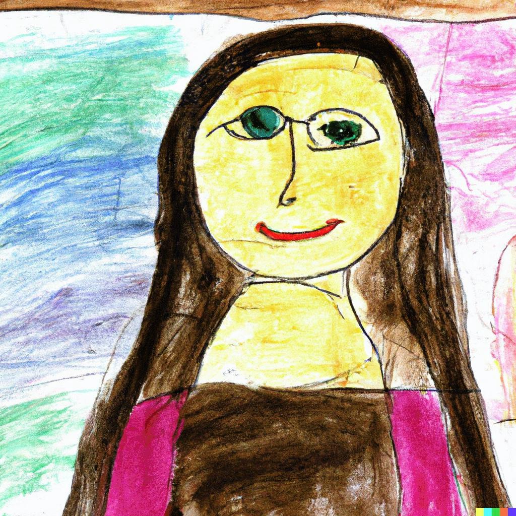 "The Mona Lisa drawn by a 5 year old with crayons and watercolors