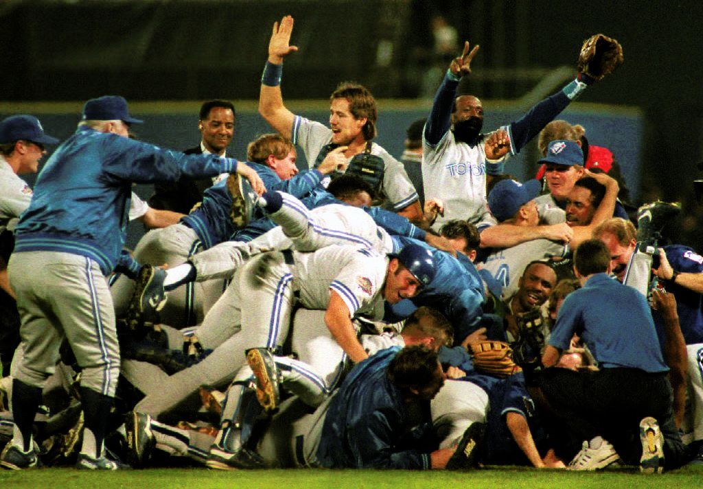 The Toronto Blue Jays celebrate winning the 1992 World Series. October