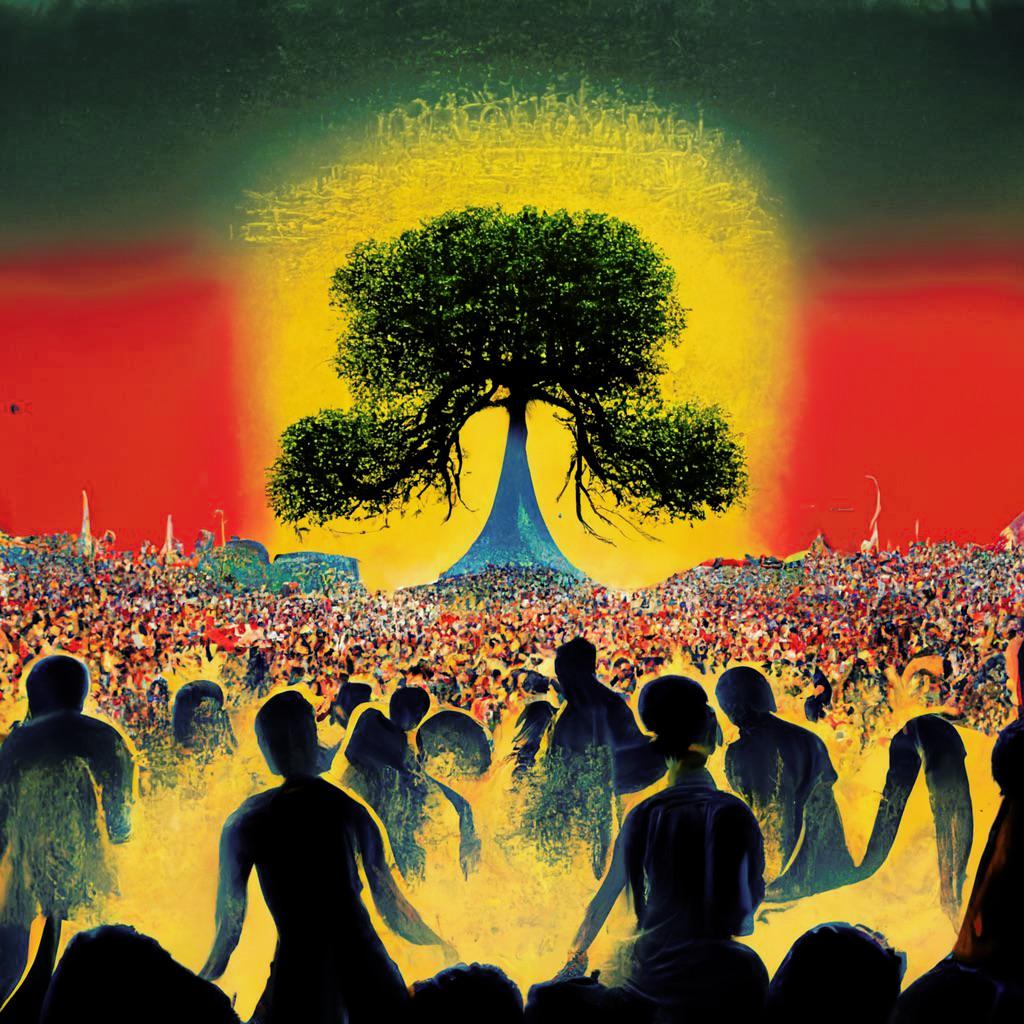 Tour poster for Woodstock festival 2069, tree of life, crowd of people ...