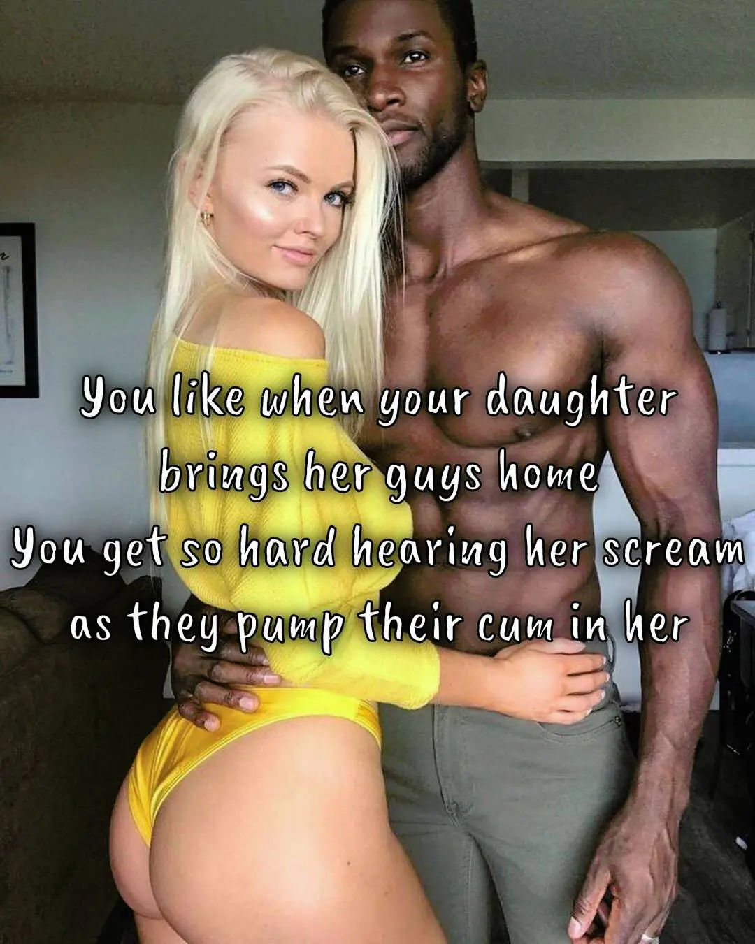 Interracial couple with a muscular black man and blonde white woman in a yellow outfit, BBC and cuckold captions