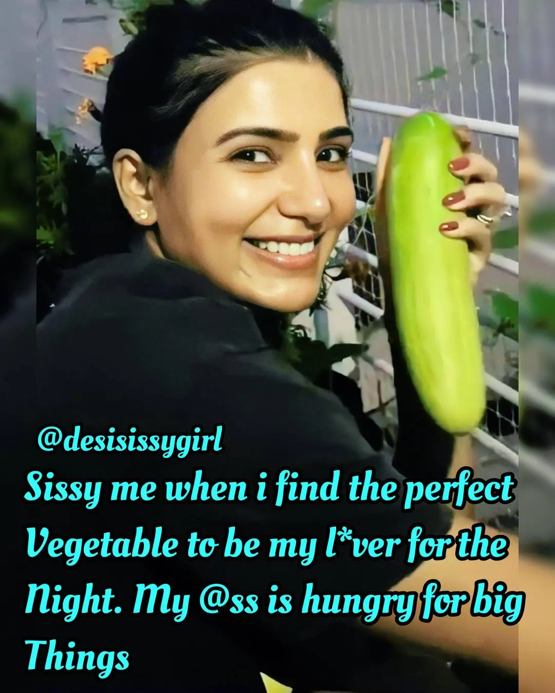 Indian sissy girl in a black top smiling and holding a large green cucumber outdoors