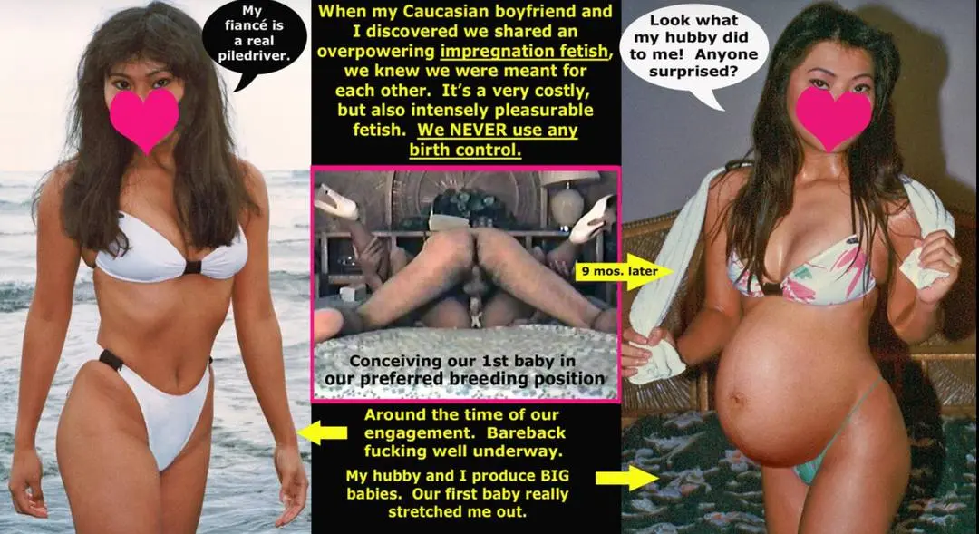 Asian woman in a white bikini and pregnant, interracial breeding with a white man in a piledriver position.