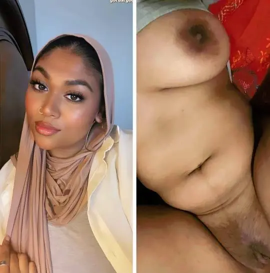 Curvy mixed hijabi in a blazer and hijab next to a nude selfie showing her tits and pussy