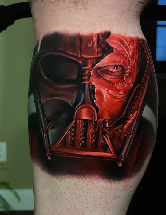 Thought you guys might like my new tattoo only 1 session down with a few  more to go Planning on adding obi wan Palpatine and more  rStarWars