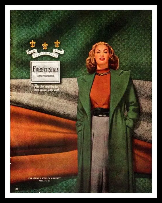 1947 Forstmann Wool Ad with Green Coat | Scrolller