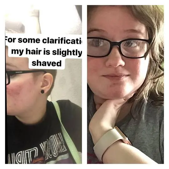 Genderfluid demigirl with brown hair and glasses in two side-by-side selfies wearing black and grey t-shirts.