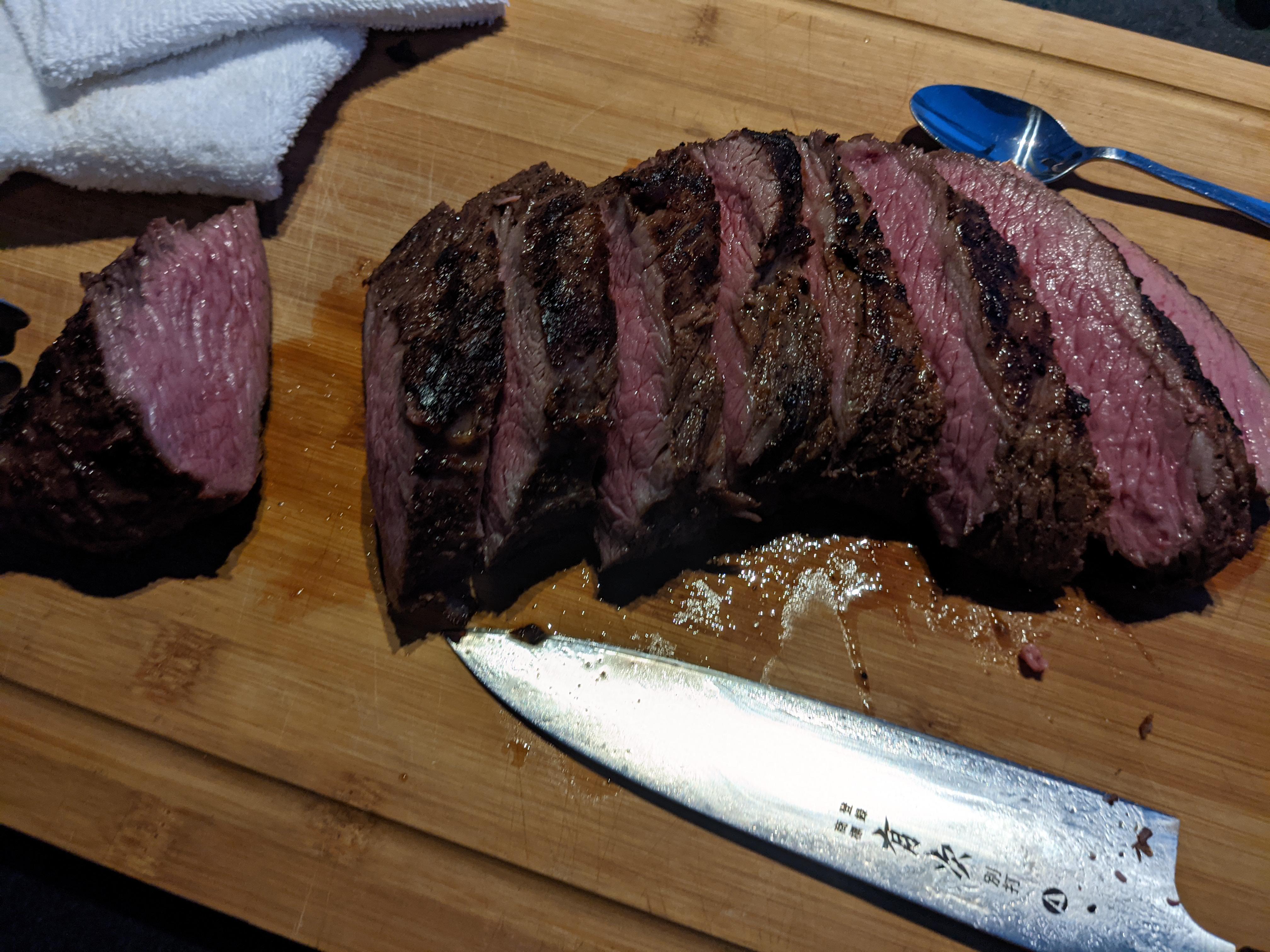 3 lb tri tip, 132.5 F, 2hr30min, 600 F gas grill 4 min per side. Pre grill probe 125F, post