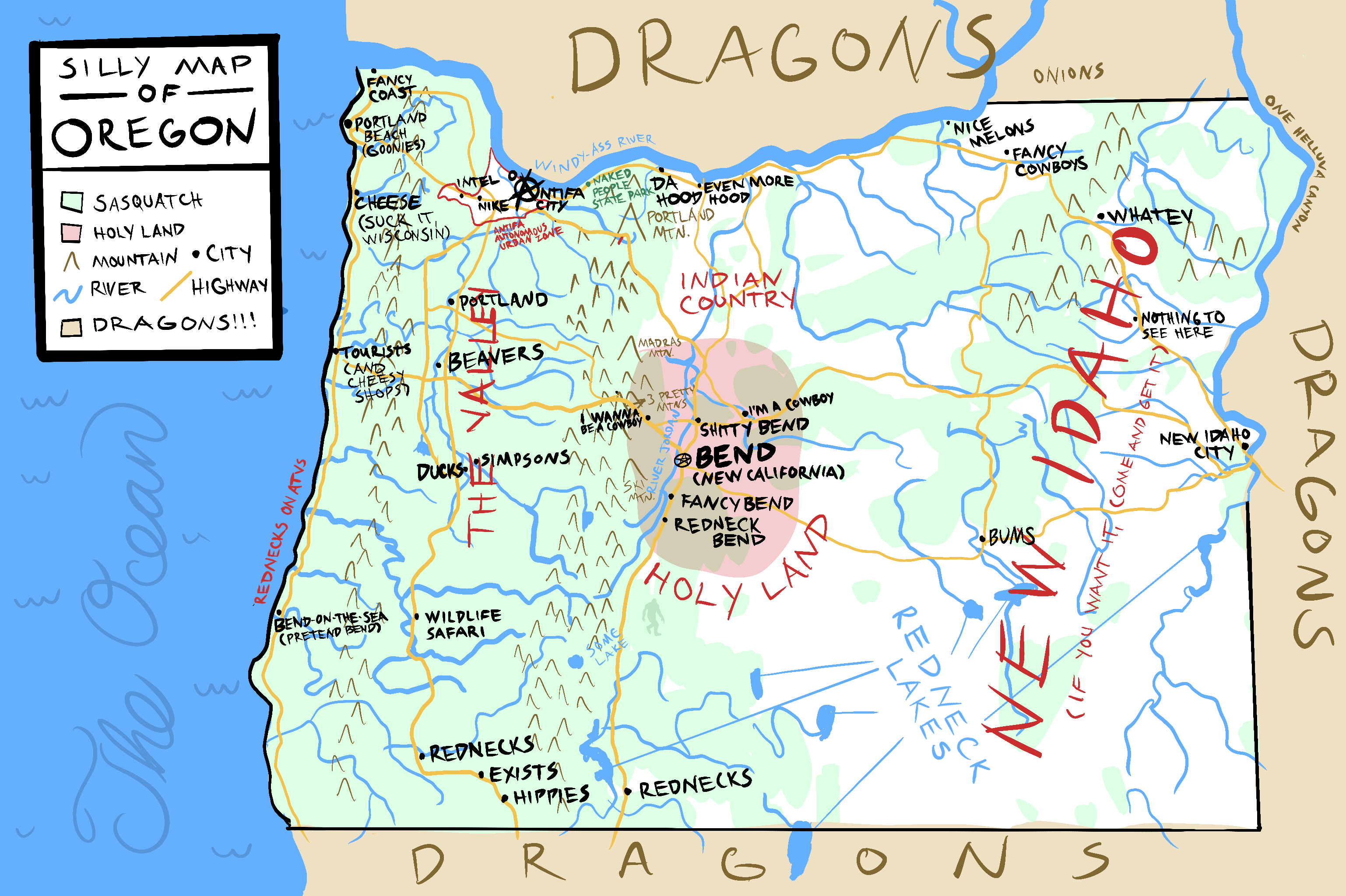 A fanciful map of Oregon, from a native Bendite's point of view | Scrolller