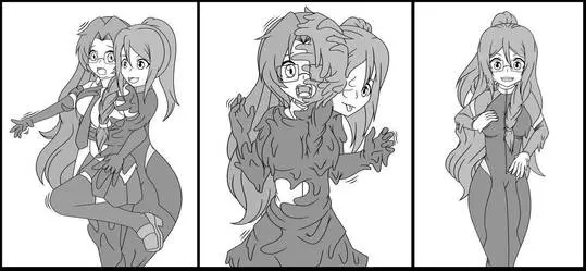 Anime body fusion of two slim brunette women, one in a suit and one in a bodysuit, merging into one.