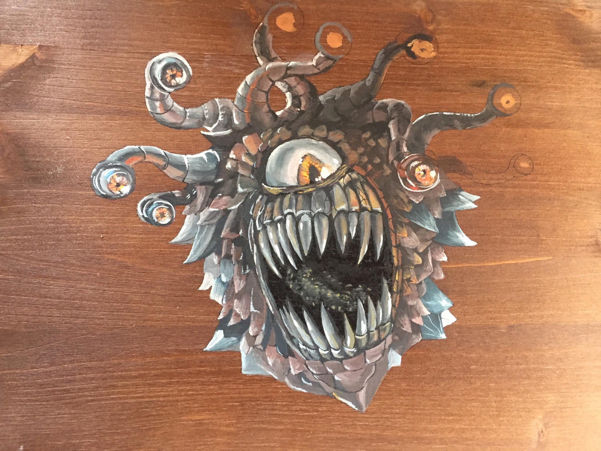 A work in progress... hand painted beholder for a DM screen I’m making ...