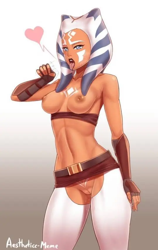 Ahsoka Tano in a revealing outfit with ahegao expression, showing breasts and pussy