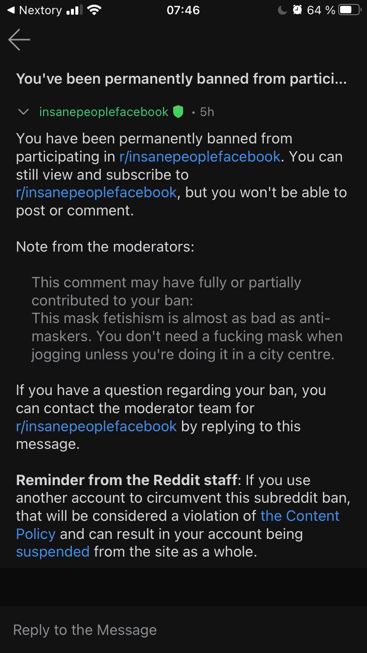 Average reddit mod banned me for saying you don't need a mask while ...