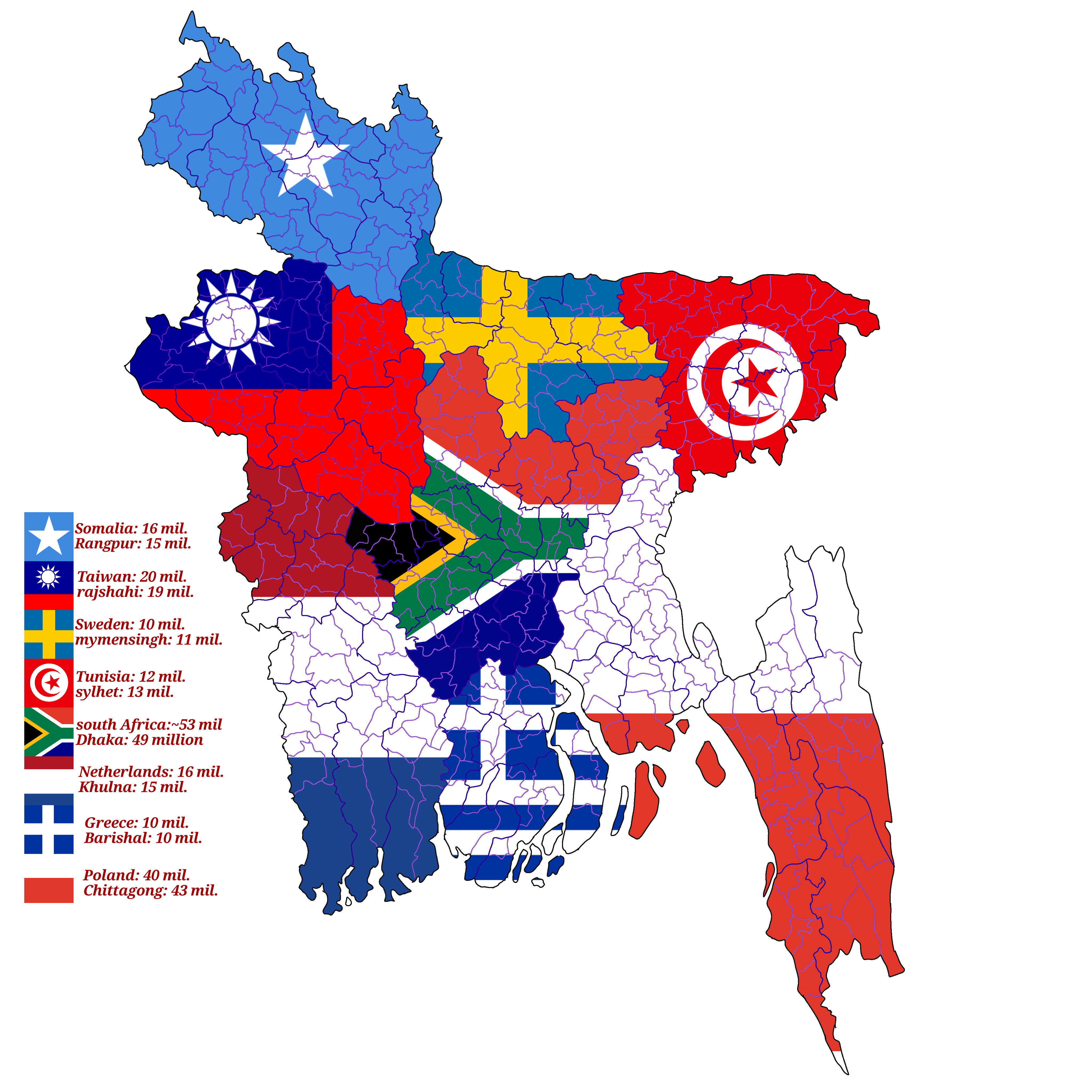 Bangladeshi divisional population, compared with countries | Scrolller