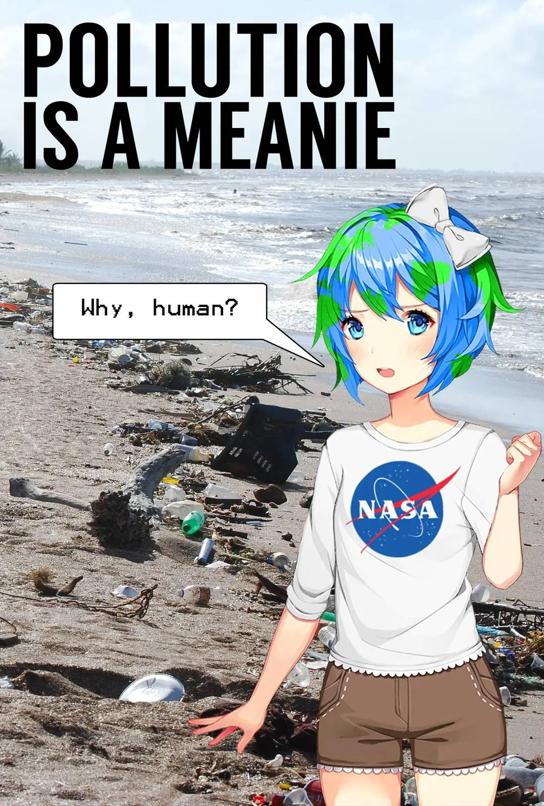 Sayori as Earth-chan with blue and green hair wearing a NASA shirt on a polluted beach