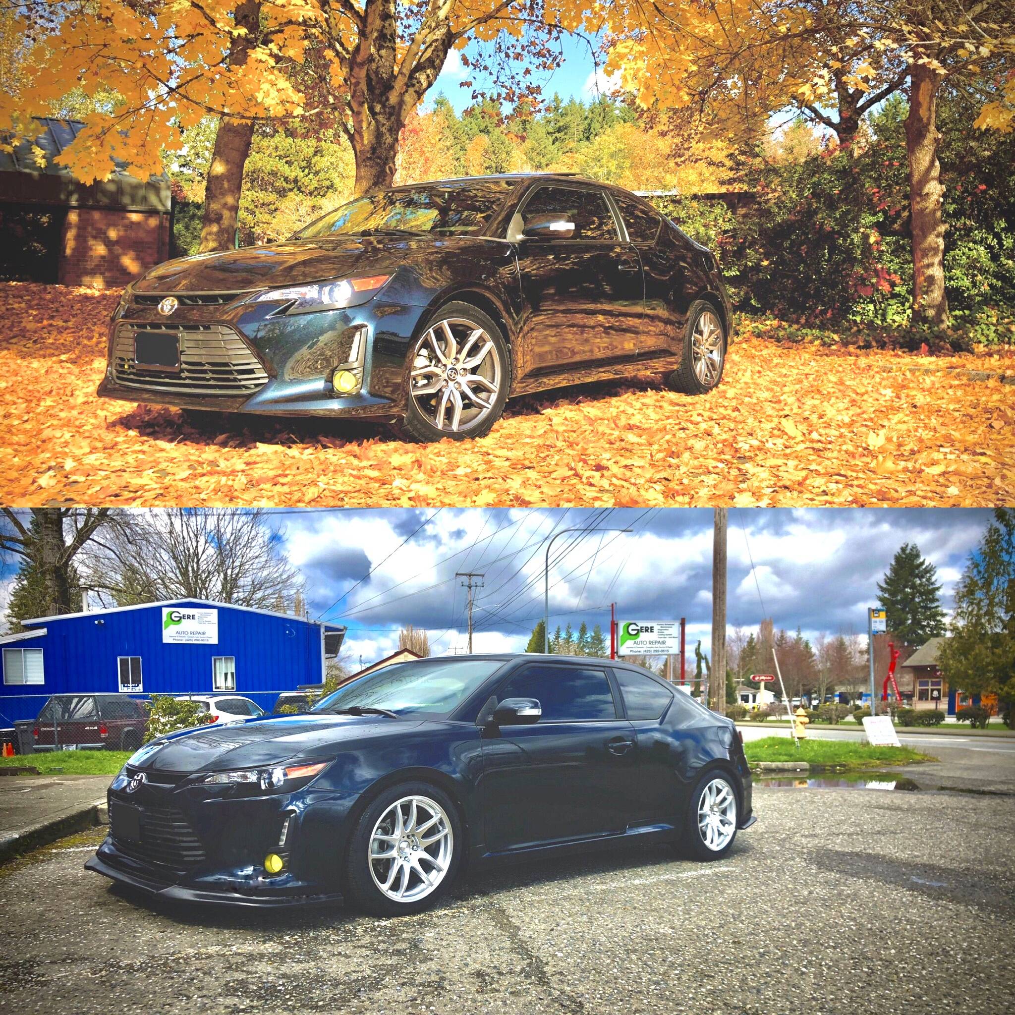 Before and after wheels, tires, suspension, lips, rotors, and