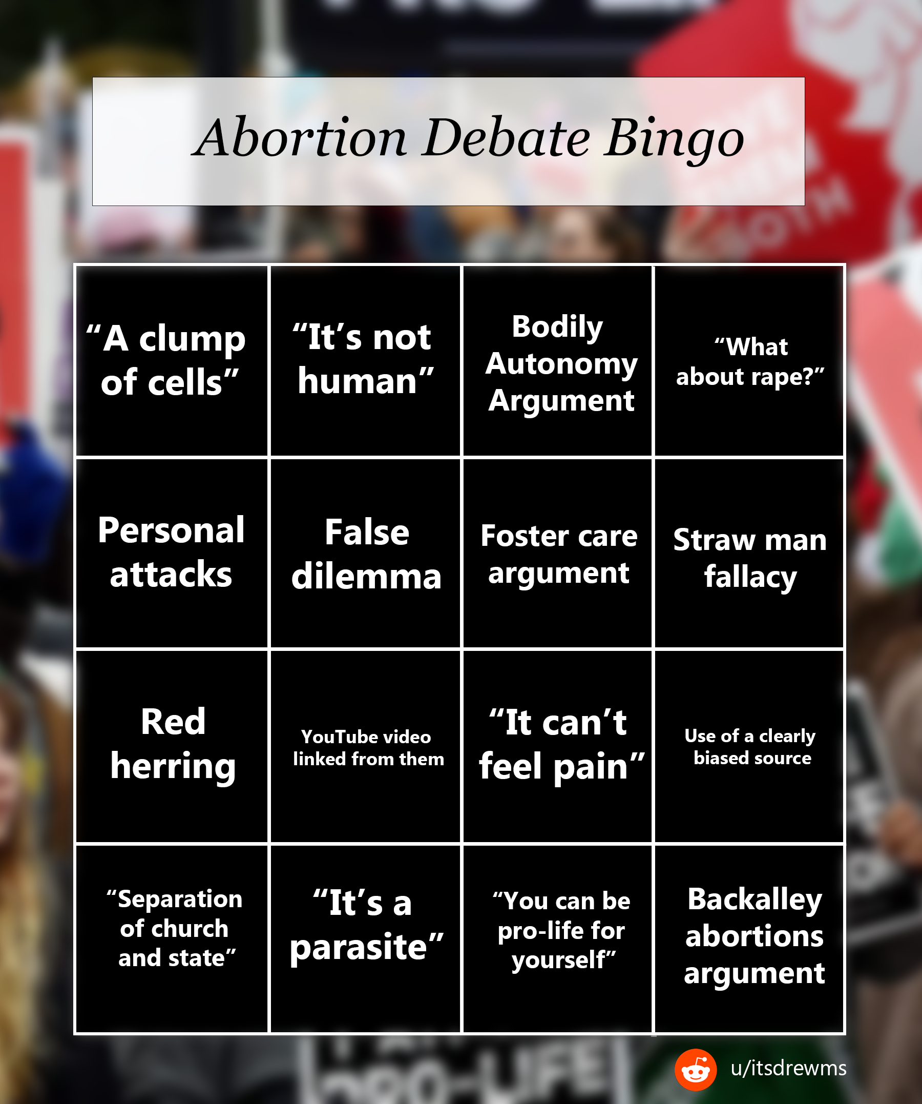 Bingo Card for debating pro-choicers | Scrolller