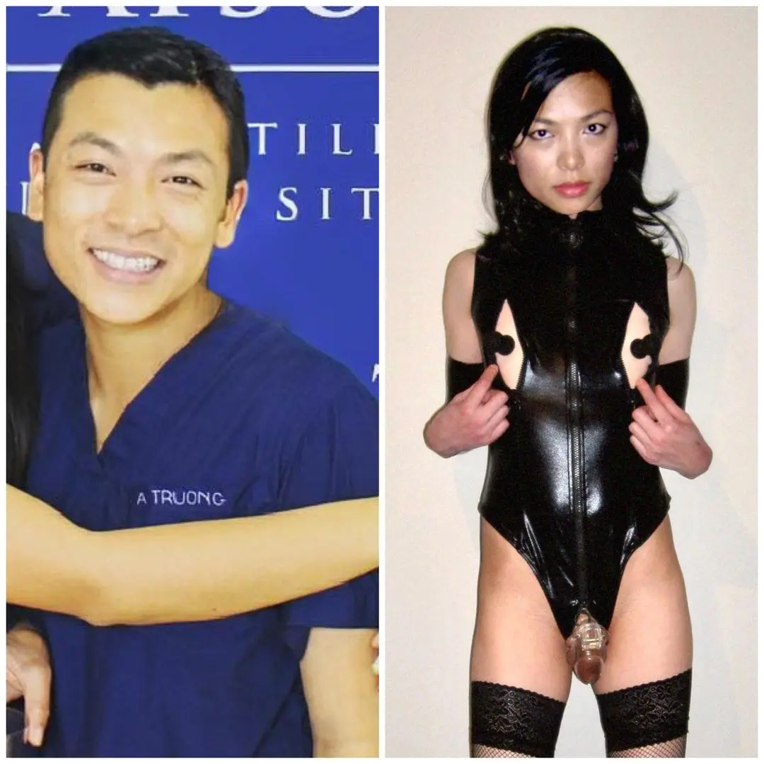 Sissy in a split image: one side in blue medical scrubs, the other in a black latex bodysuit and lace stockings.