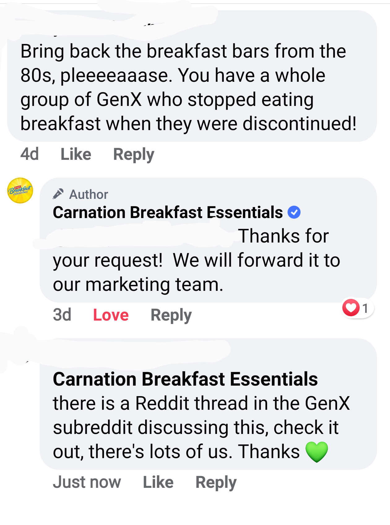Calling all Carnation Breakfast Bar lovers! Hit them up, maybe we can