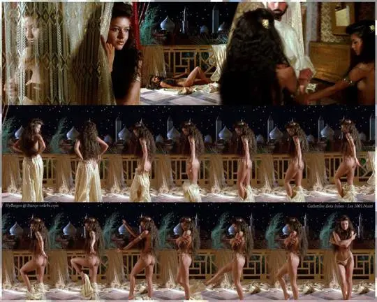 Catherine Zeta-Jones in a harem costume performing a striptease in an ornate bedroom