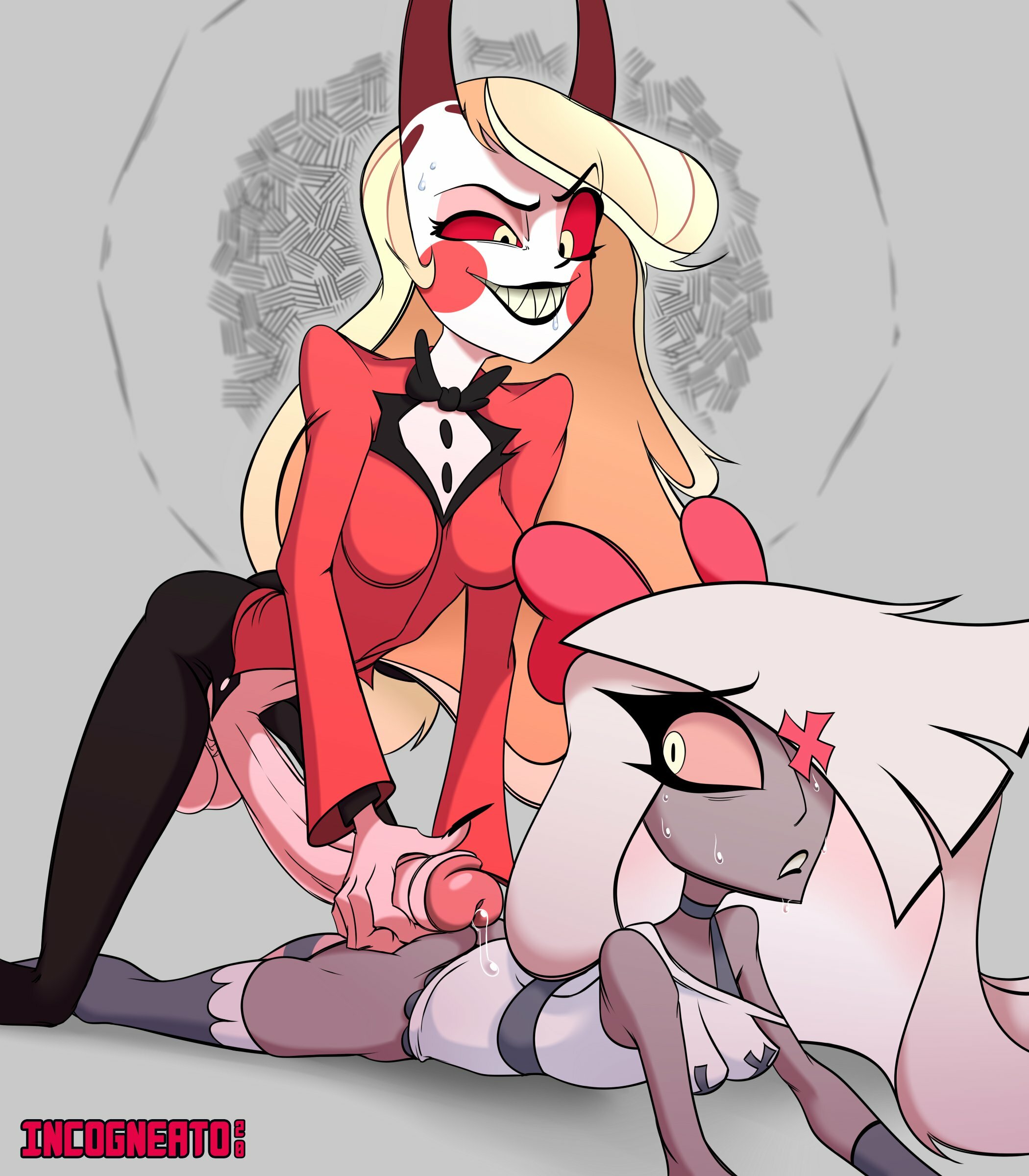 Charlie is about to RUIN Vaggie's skinny moth ass. (incogneatoart) .