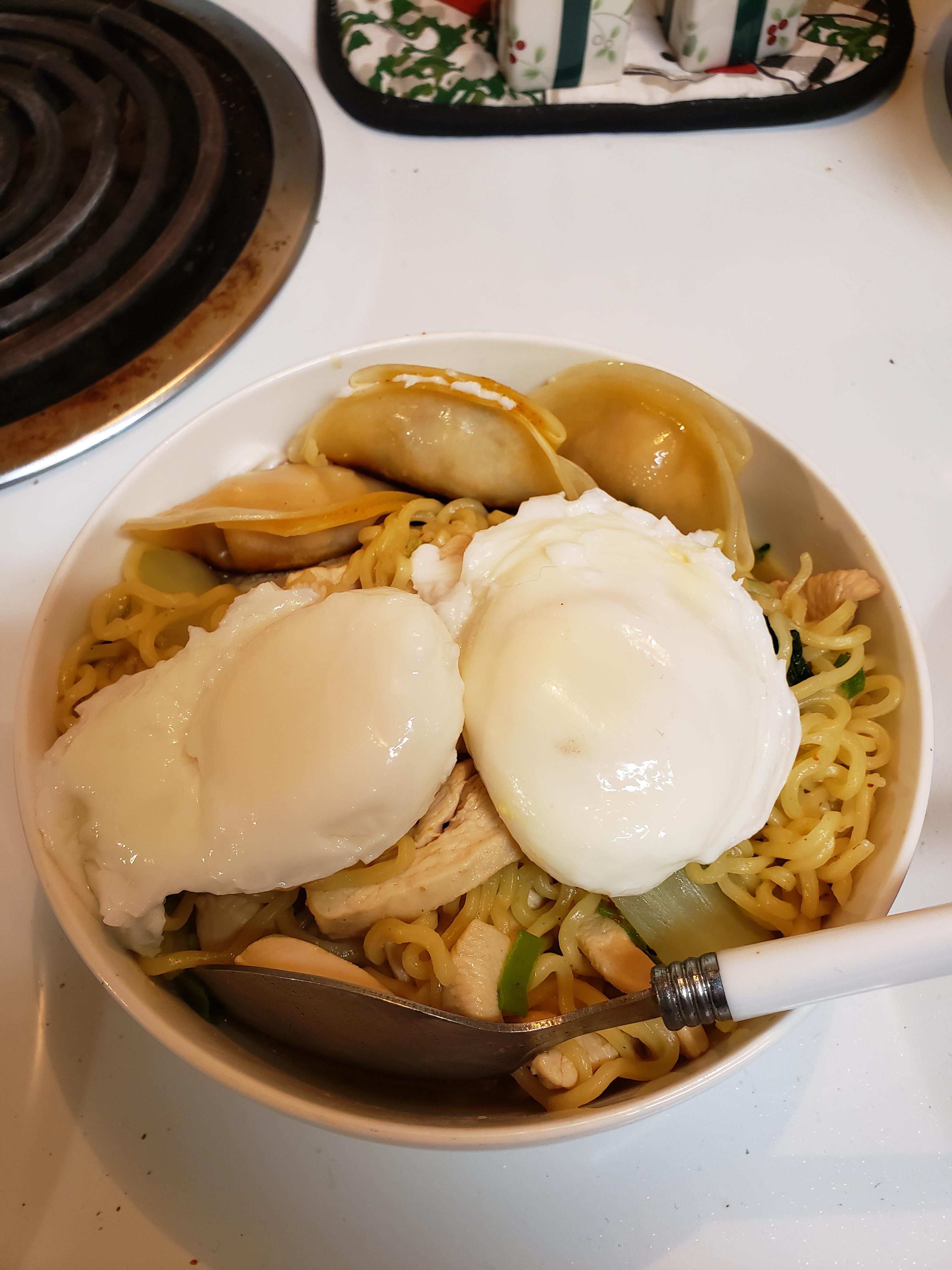 Chicken Curry Ramen with potstickers on the side and two poachy bois ...