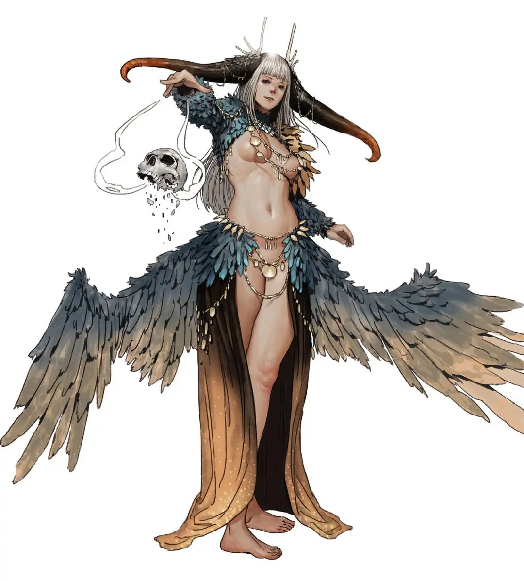 Kyoung Hwan Kim concept art of a slim white monster girl with wings, horns, and long white hair holding a skull