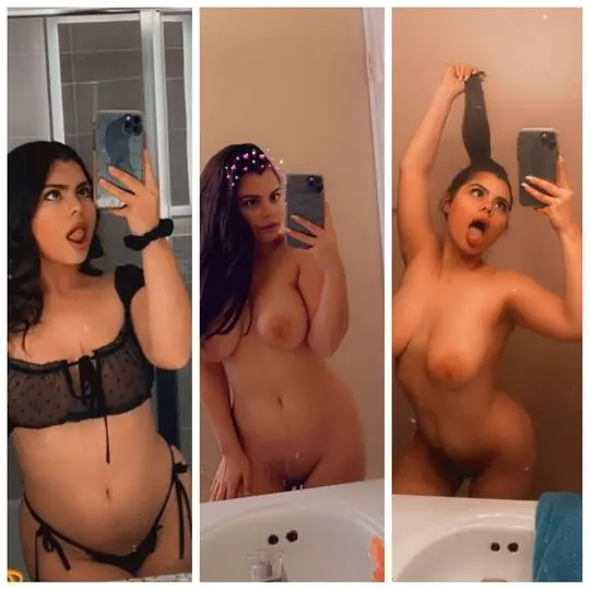 Curvy Desi NRI girl in black lace lingerie and nude mirror selfies with tongue out