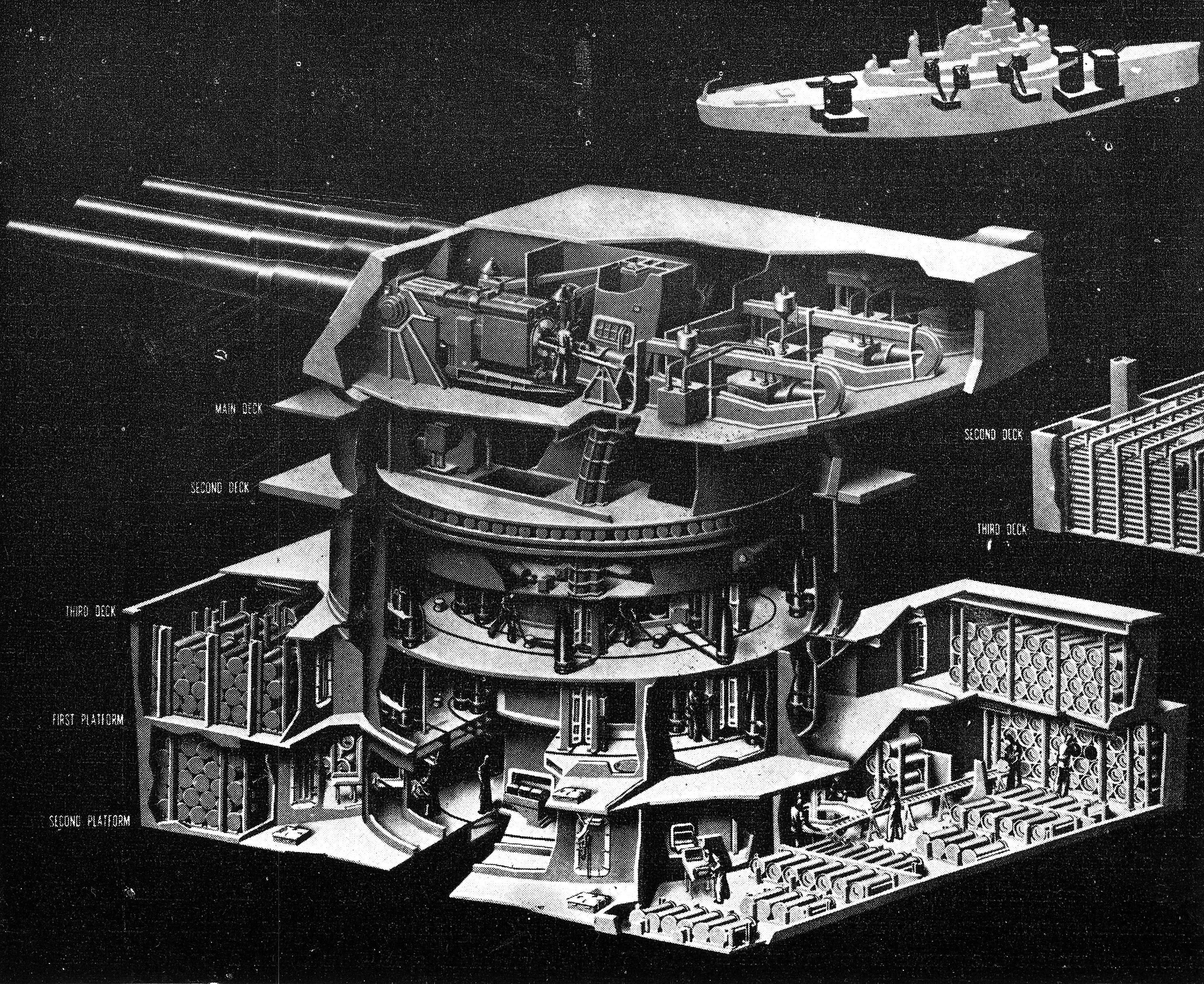 Diagram of a main battery 16-inch gun turret for the South Dakota-class ...