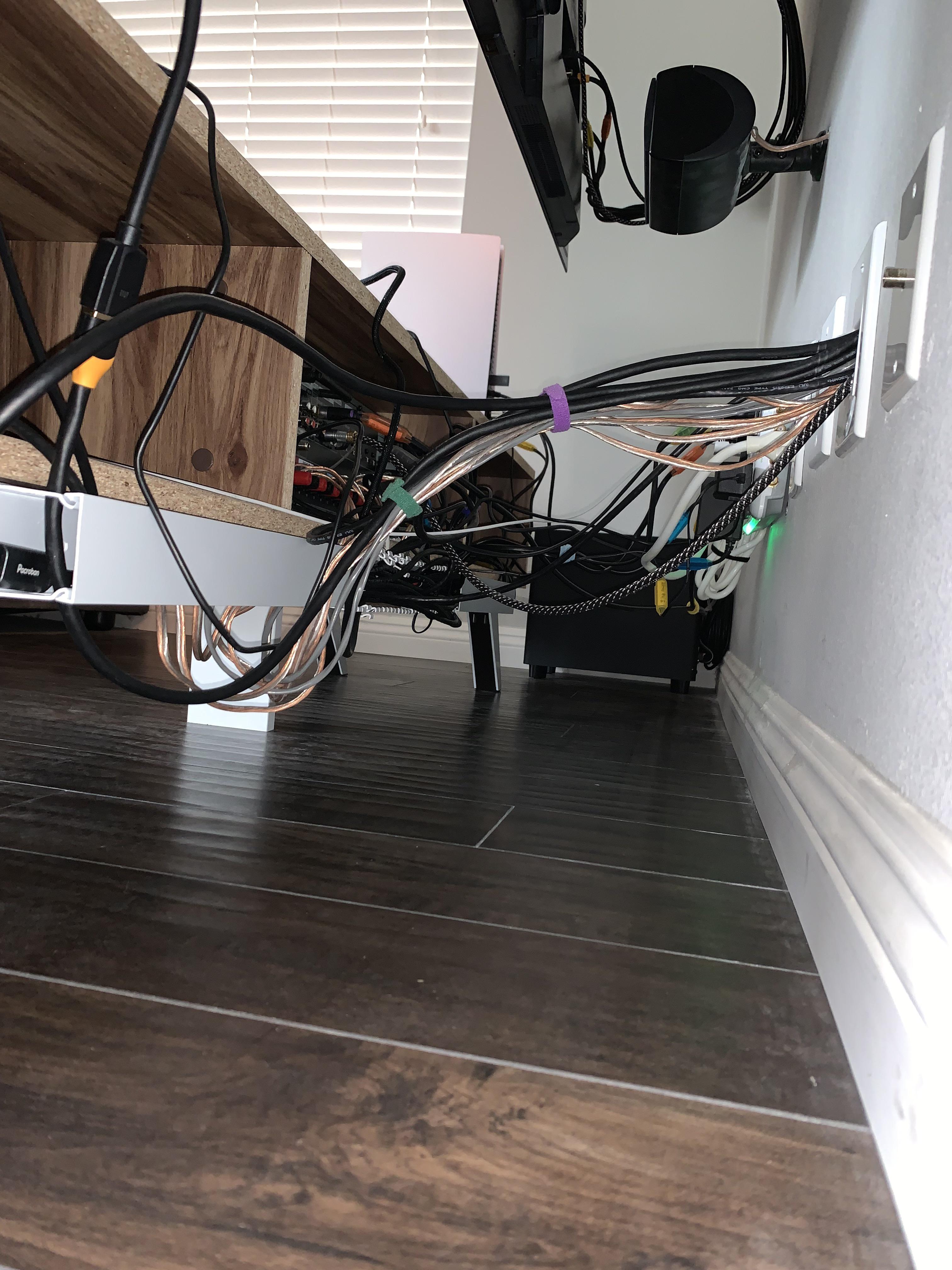 Entertainment center cable management Server runways used to wrangle PS5, Series X, Switch, 7.