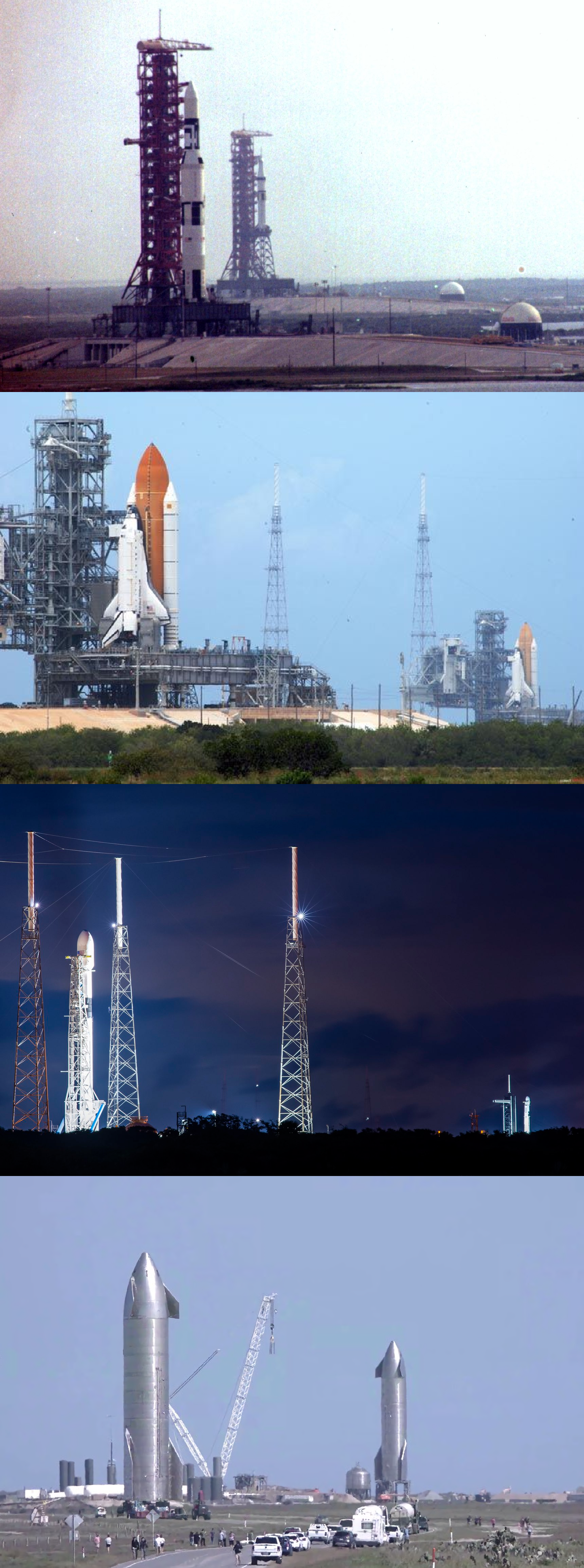 Four historic photographs of twin rockets (1973, 2009, 2020, 2021 ...
