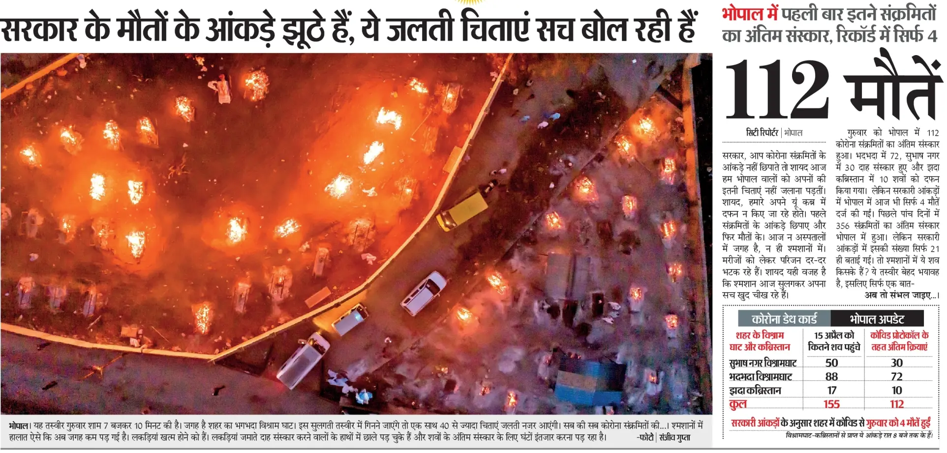 Front page of the Dainik Bhaskar, Bhopal edition today: The government's casualty numbers are lies, these burning pyres are the real truth