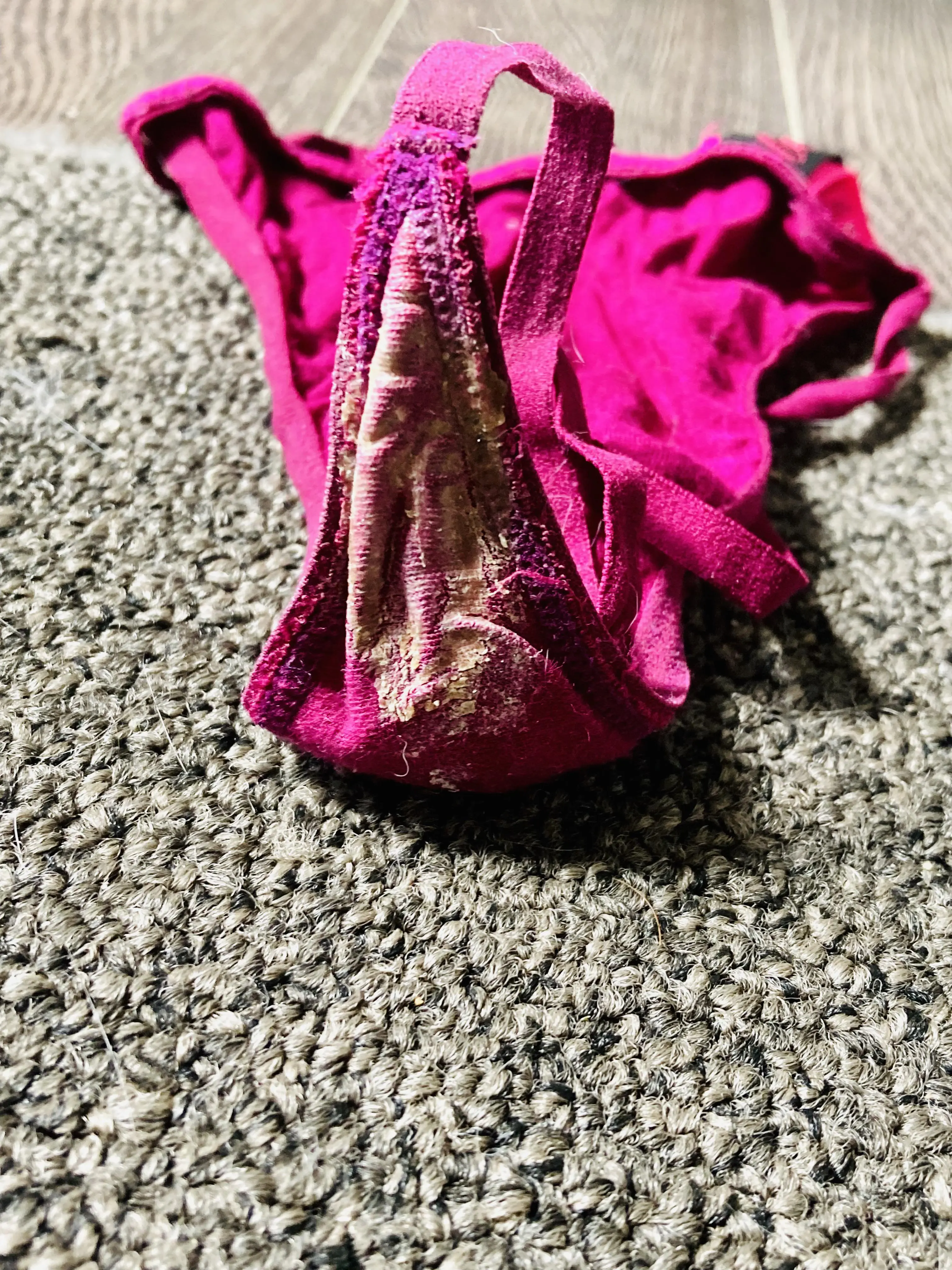 Gf came home used after a "girls night". These are the panties she came home with on. Standing straight up from being fully crusted in cum😍