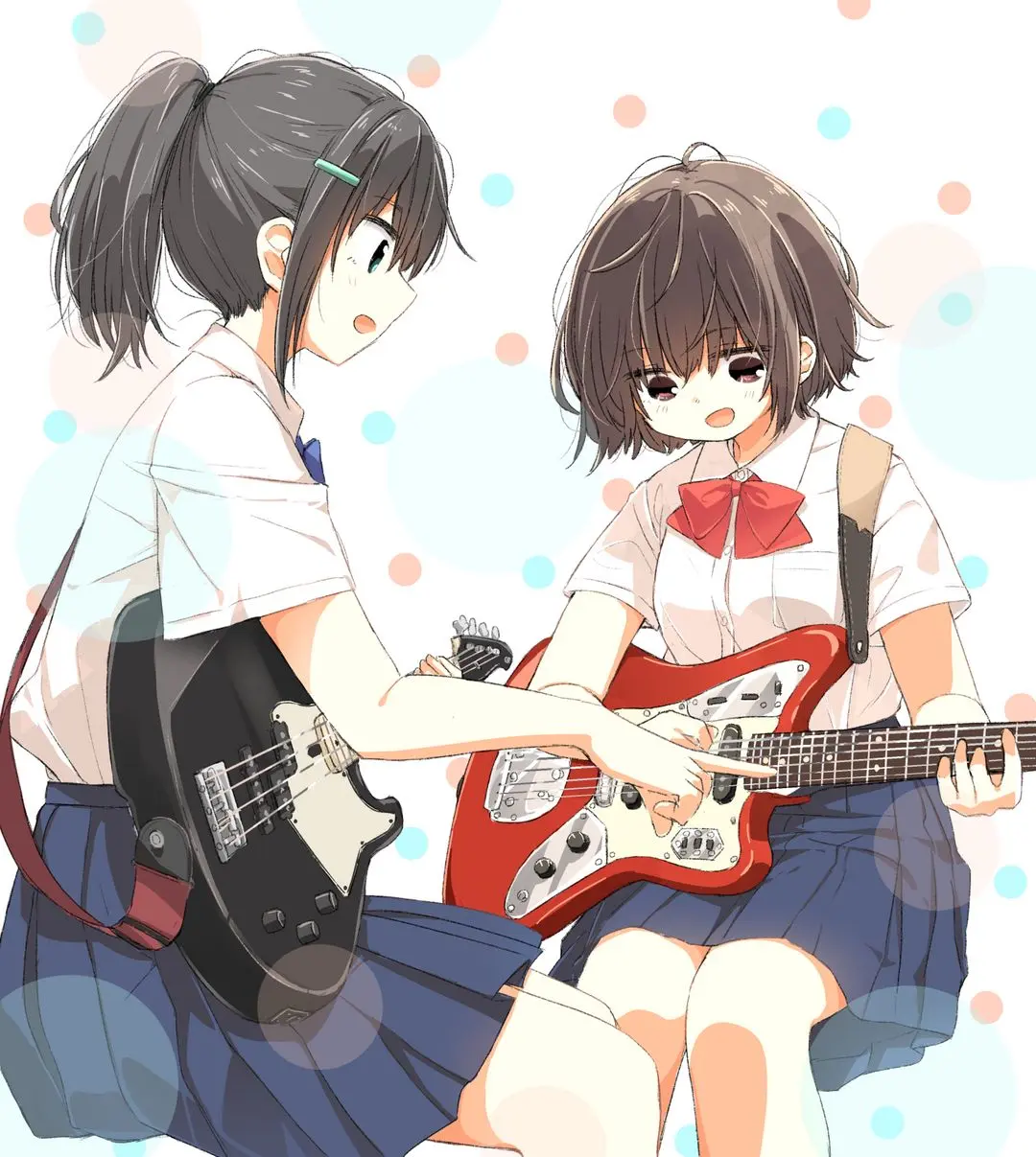 Two anime girls with grey ponytail and brown bob hair holding electric guitars in white shirts and blue pleated skirts