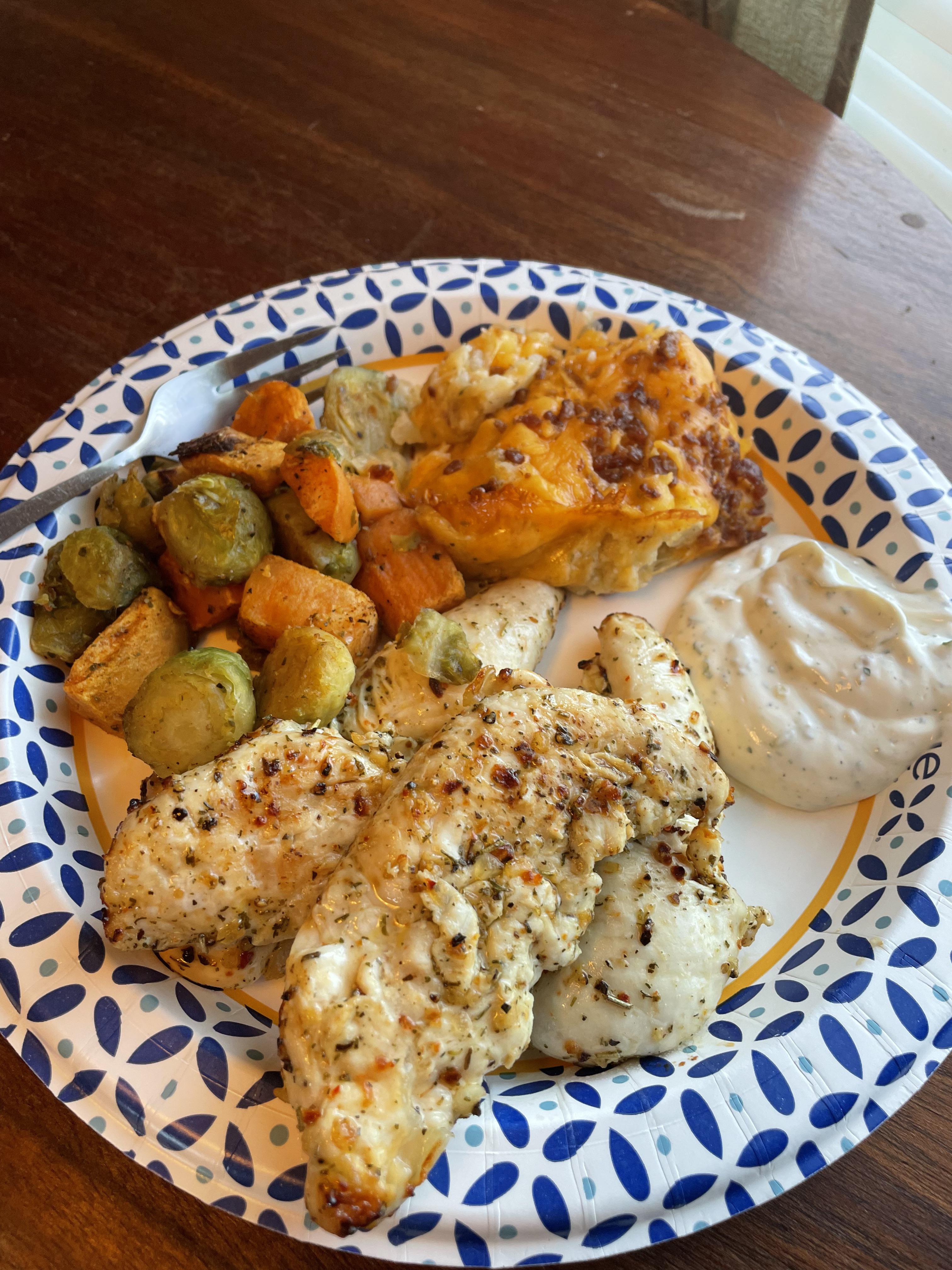 [homemade] air fried chicken tenderloins, homemade ranch dip, roasted