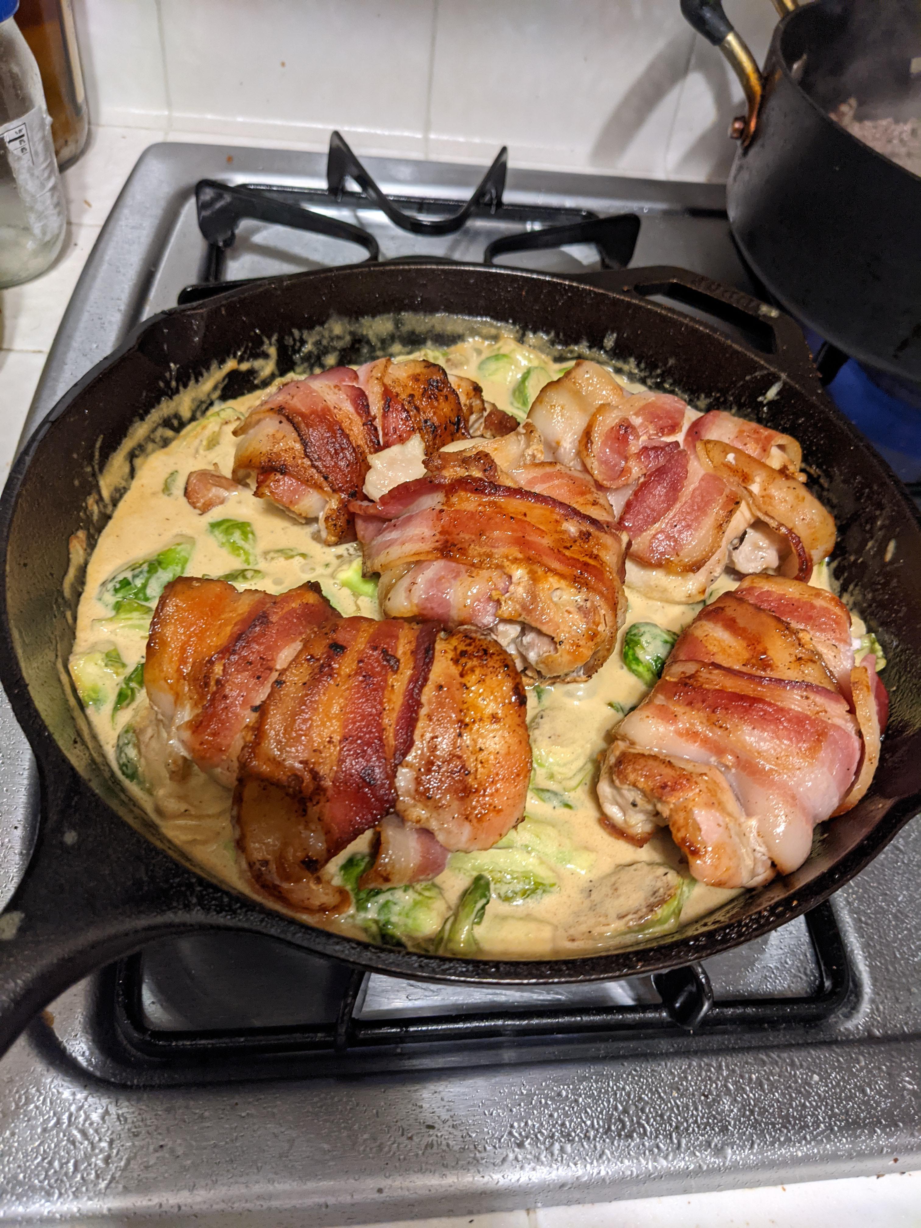 [Homemade] Chicken wrapped bacon with brussel sprouts and a wine, heavy